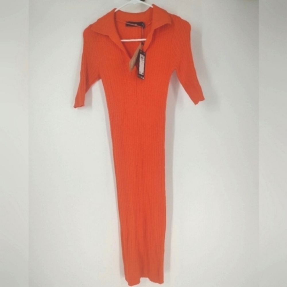 Vero Moda Short Sleeve Ribbed Orange Dress Size XS
